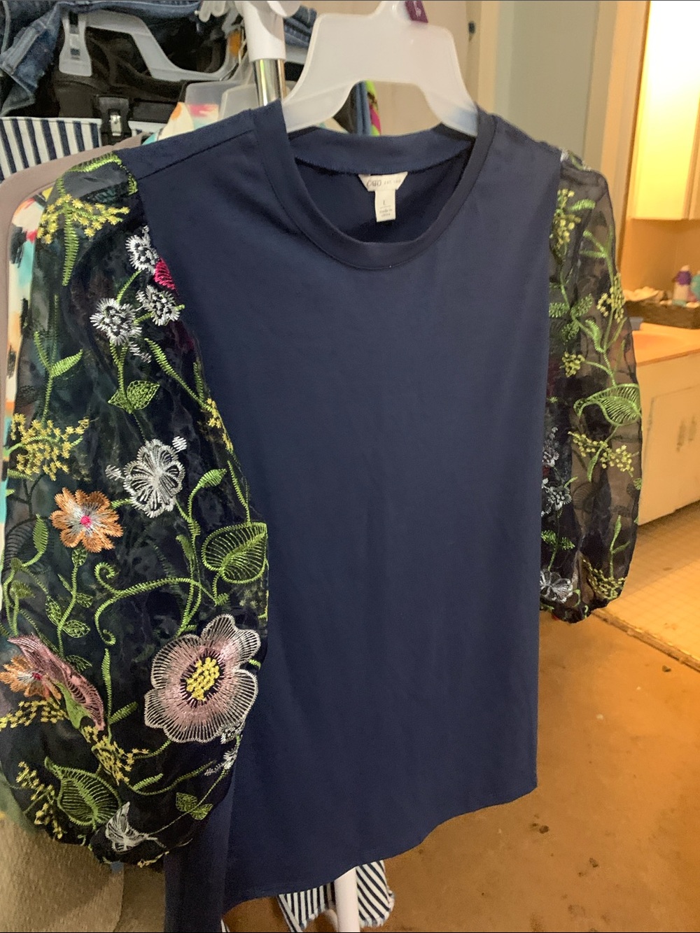 Cato Navy Knit Top with Embroidered Puff Sheer Sleeves